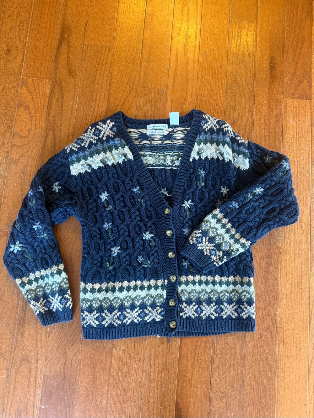 Navy Fair Isle Cable Knit Cardigan Sweater - Unknown Brand